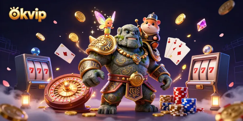 Engage with okvip's immersive gaming environment, featuring cartoon characters and vibrant casino elements.