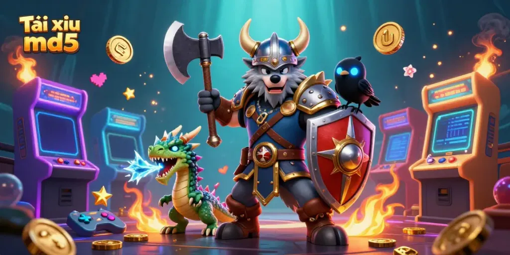 Engage in the excitement of Tài xỉu md5 with 3D Viking characters in a vibrant casino setting.