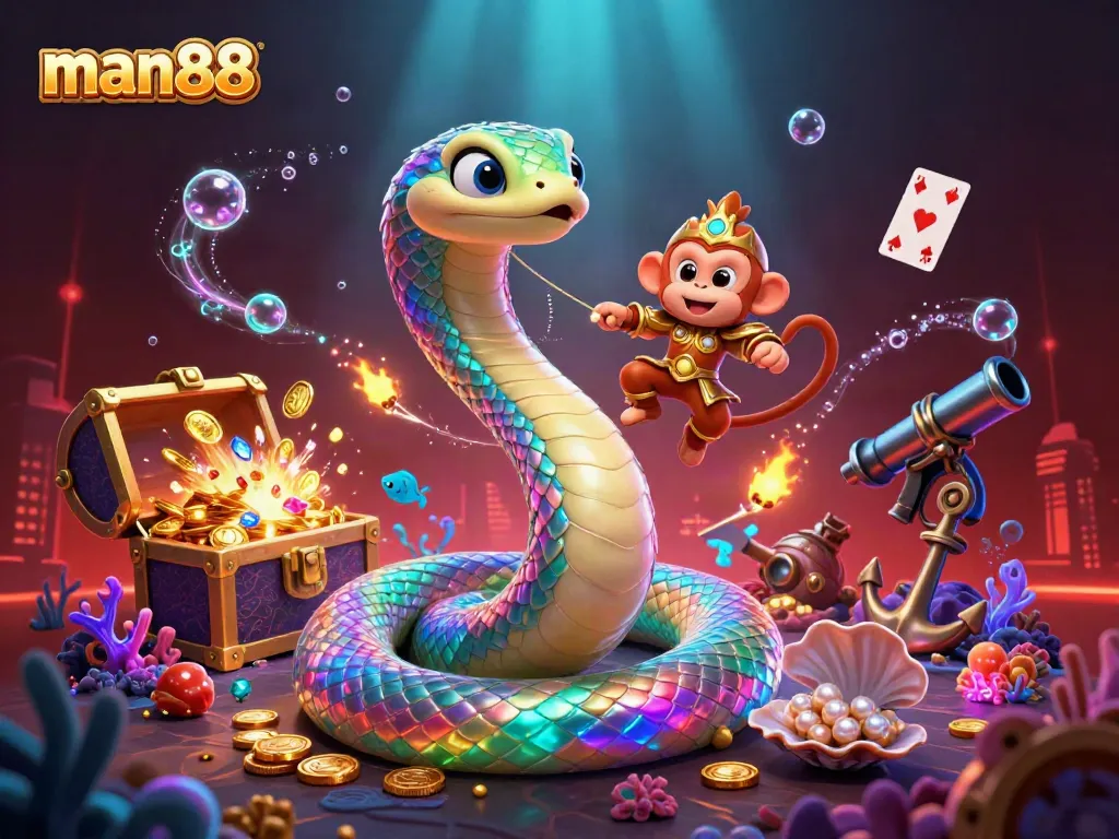 Experience dazzling excitement at man88 with vibrant visuals and casino treasures in this rich 3D illustration.