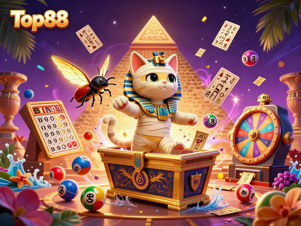 Play exciting games at Top88's vibrant casino with an animated Egyptian mummy and dazzling prizes.