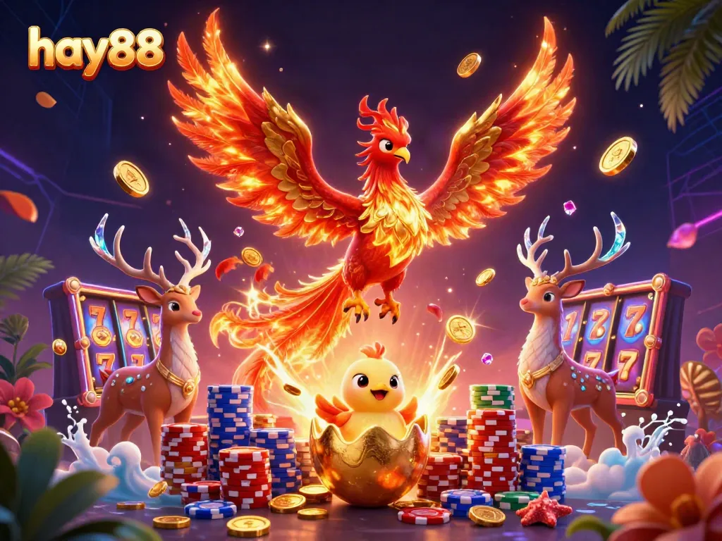 Experience the excitement of hay88 with a dynamic casino scene featuring lucky sevens, golden coins, and vibrant characters.