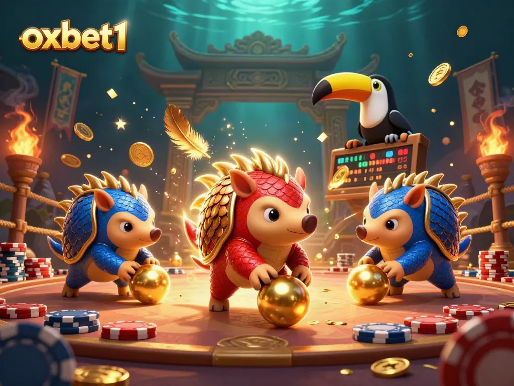 Experience gaming excitement with oxbet1 as cartoon pangolins rival in a vibrant casino scene.