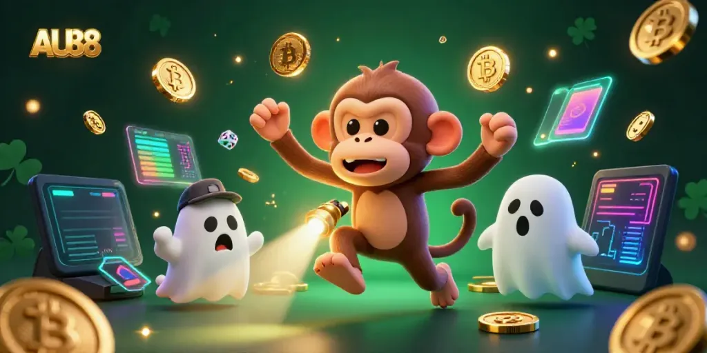 Engage with AU88's thrilling casino game scene featuring a mischievous monkey and a curious puppy tracking gold.