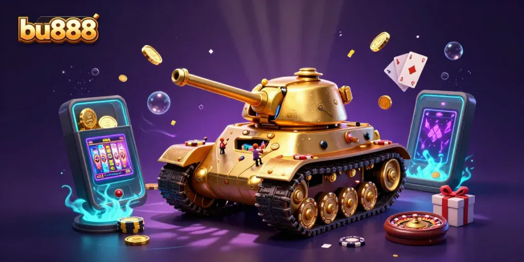 Experience the excitement of bu888 with a colorful 3D casino tank and slots explosion.