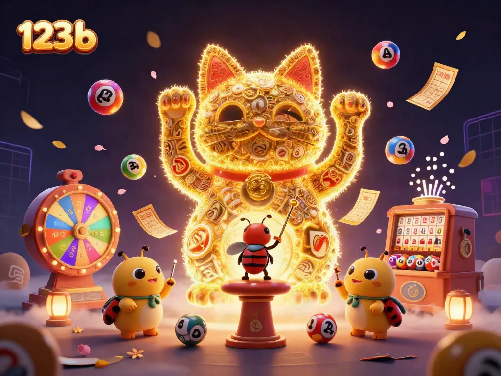 Engage in thrilling gameplay featuring 123 b's iconic lucky cat and vibrant lottery elements in a lively casino scene.