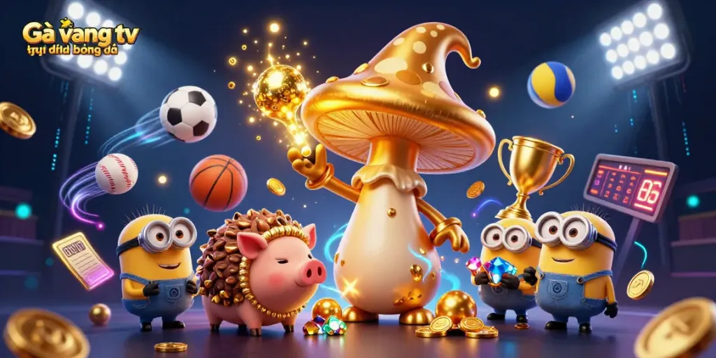 Bet sports with Gà vàng tv trực tiếp bóng đá featuring magical wizard and treasure hunting pig.
