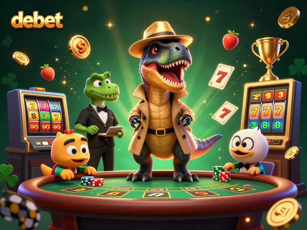 Experience debet's dynamic gaming scene with a velociraptor counter and casino elements.