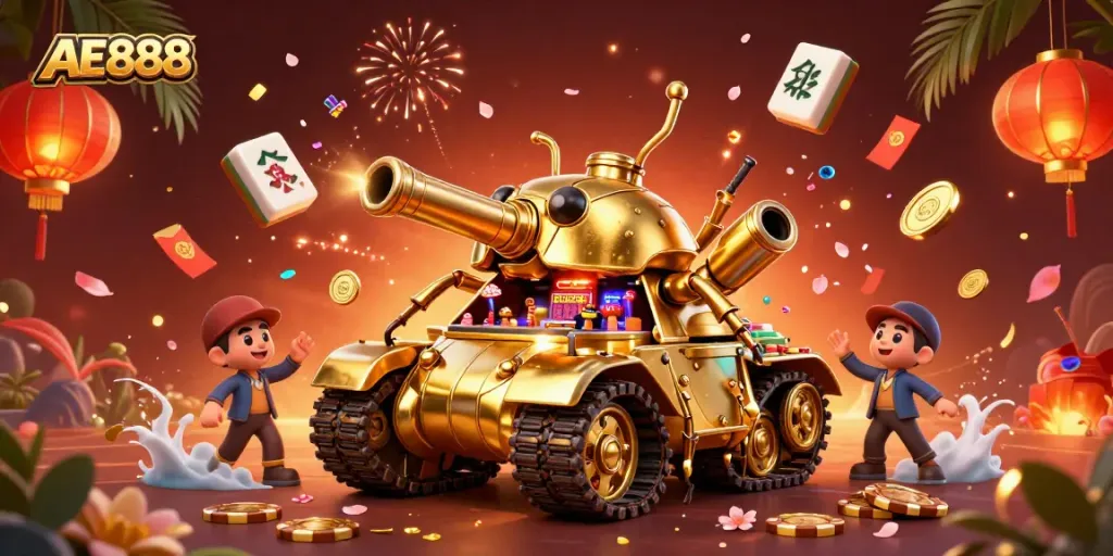 Experience the excitement of AE888 with a vibrant casino scene inside a golden beetle tank.