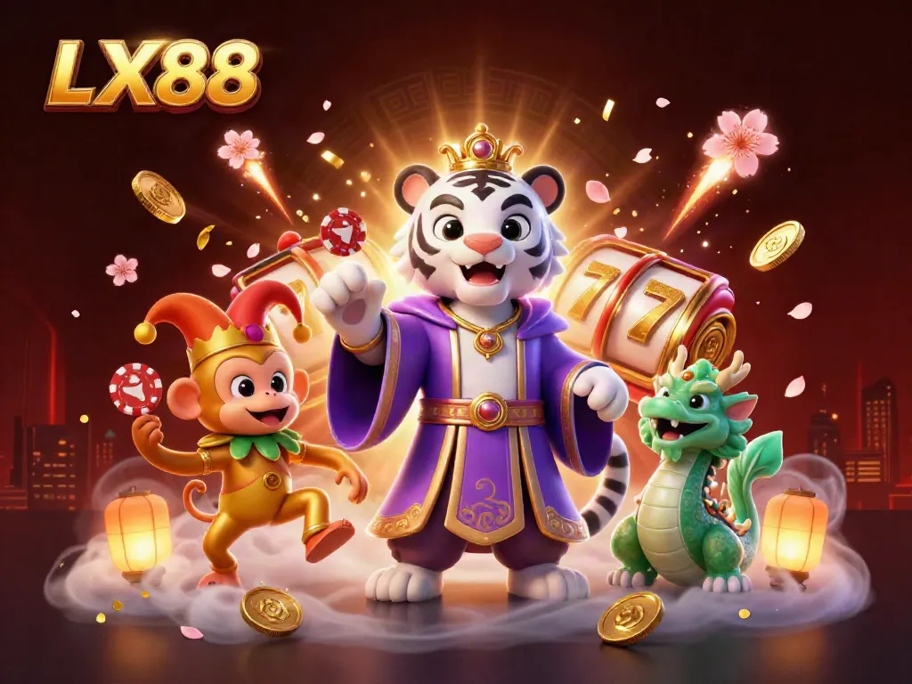 Engage with LX88's vibrant online casino scene featuring a majestic white tiger and a golden monkey.