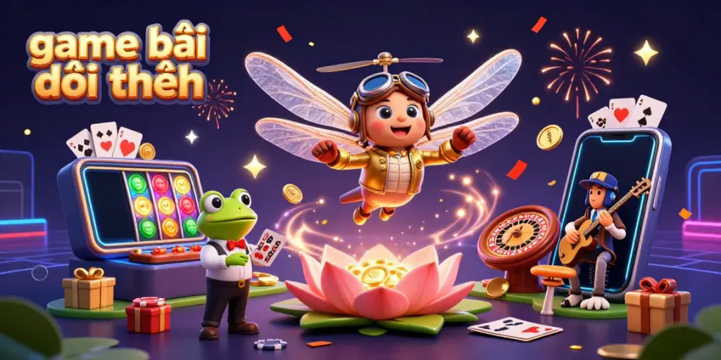 Engaging 3D scene showcasing game bài đổi thưởng with a dragonfly pilot, frog dealer, and jazz musicians amidst casino elements.