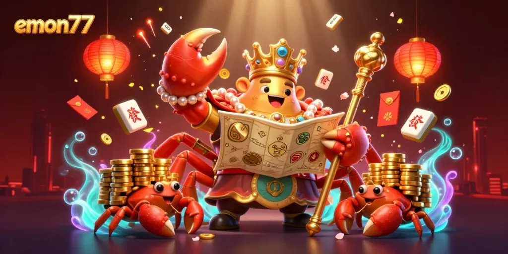 Experience the excitement of emon77 with a whimsical scene featuring a golden crab emperor and cheerful hermit crabs amidst a vibrant celebration.