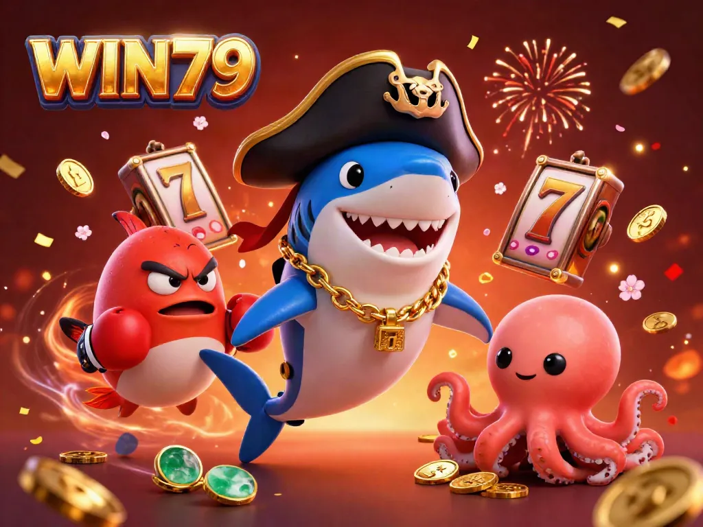 Experience the excitement of WIN79 as a pirate shark, pufferfish, and octopus celebrate around spinning slot reels.