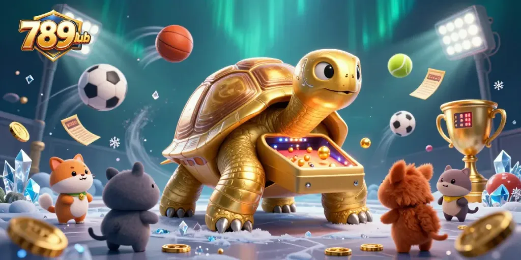 Join the excitement at 789club with a dynamic casino gaming scene featuring a golden tortoise and energetic animals.