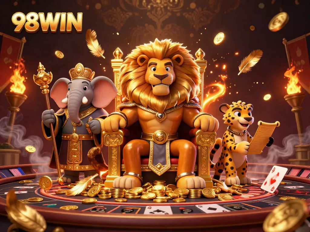 Experience exhilarating gaming with 98WIN's vibrant live casino scene featuring a lion king and other characters.