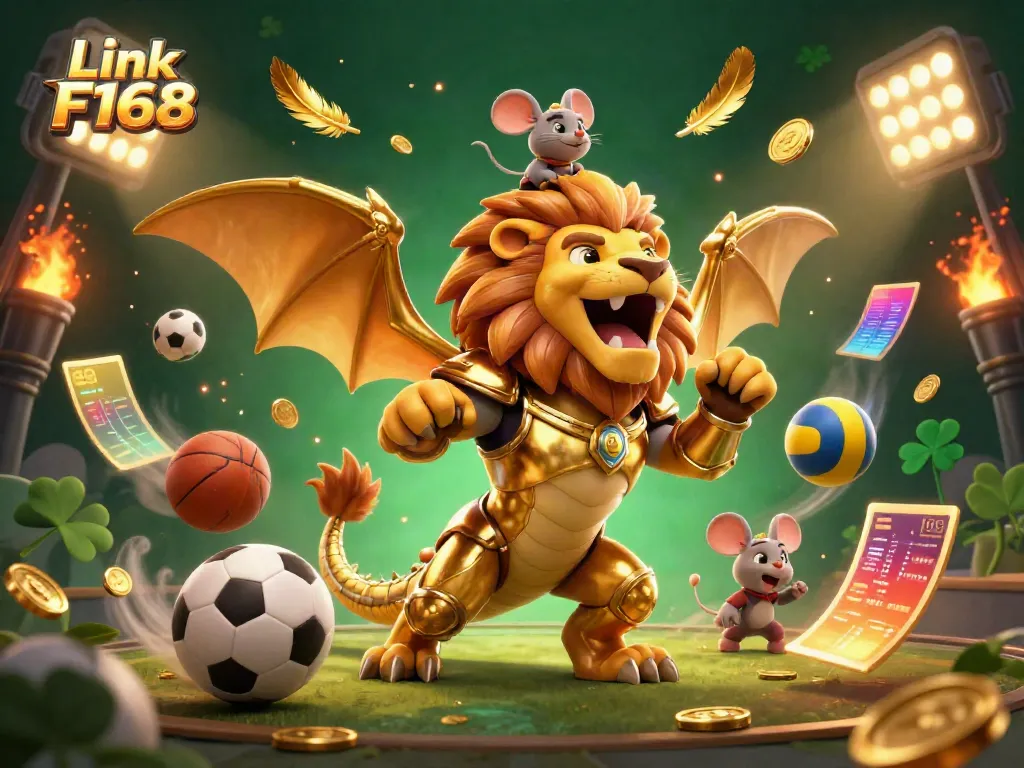 Experience the thrill of winning with Link F168 in this dynamic online casino scene with a roaring chimera and sports elements.