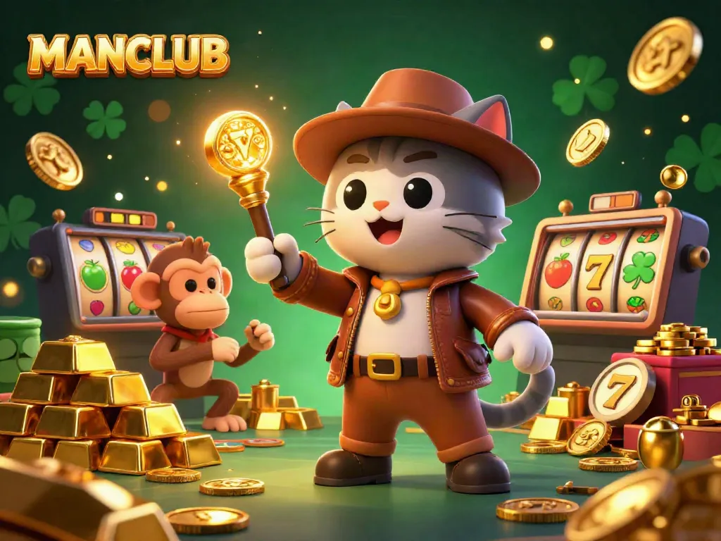 Engage in thrilling gameplay with MANCLUB's dynamic casino adventure featuring a cat explorer and monkey in vibrant slots.