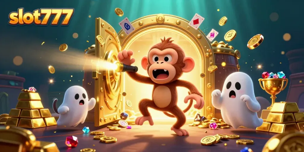 Permainan slot777 yang menarik dengan elemen kasino berkilauan dan karakter menghibur.