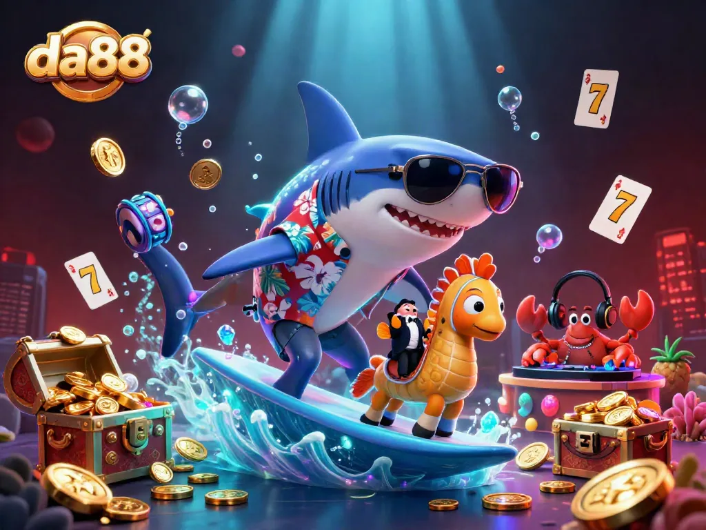 Engage with da88's thrilling underwater casino atmosphere, featuring a hammer-head shark surfing on gold coins.