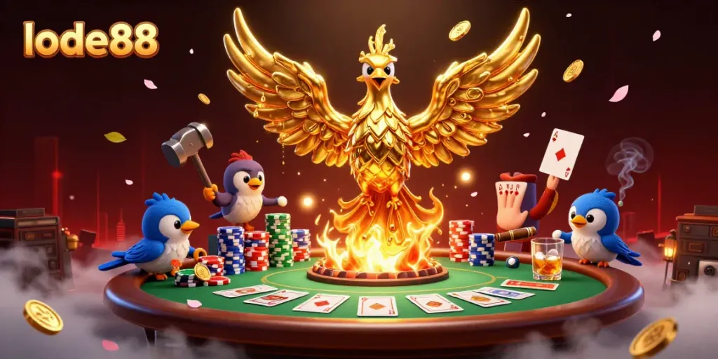 Experience the vibrant excitement at lode88 with golden phoenix and poker elements in an immersive online casino.