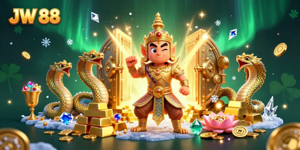 Experience thrilling wins at JW 88 Casino with a vibrant 3D digital illustration showcasing a guardian and treasure elements.