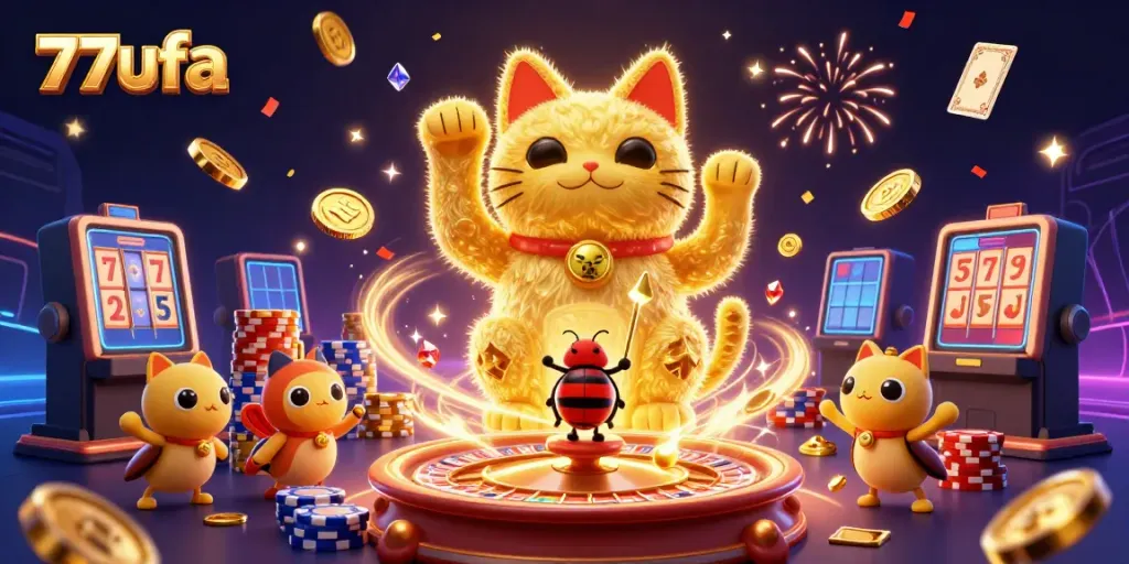 77ufa offers a vibrant online casino experience with golden fireflies and a lucky cat amongst casino symbols