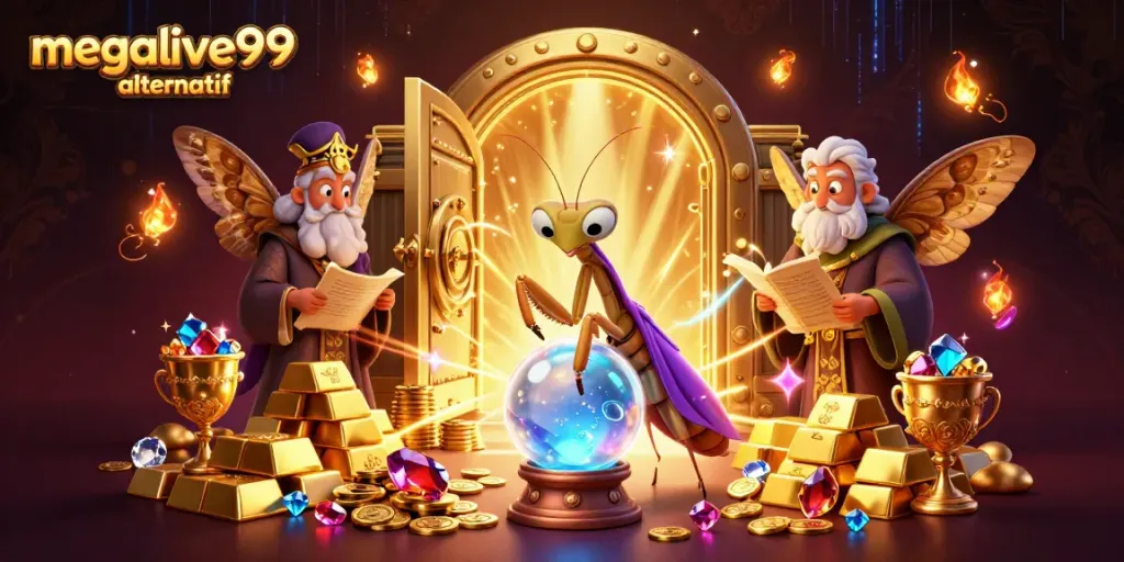 Visualisasi megalive99 alternatif dengan makhluk fantastis di dunia kasino penuh khazanah berkilau.