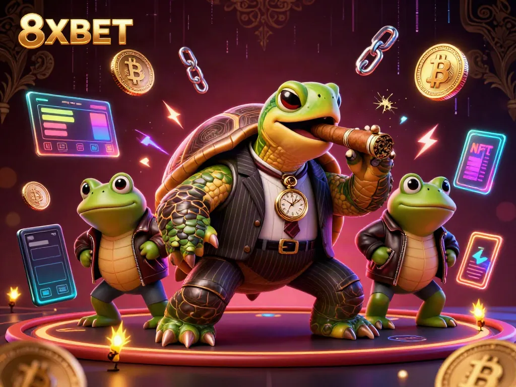Experience thrilling gaming action with 8XBET in a vibrant 3D casino scene.
