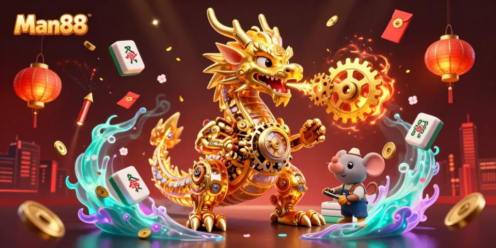 Experience the magic of Man88 with a dynamic dragon and golden casino elements.