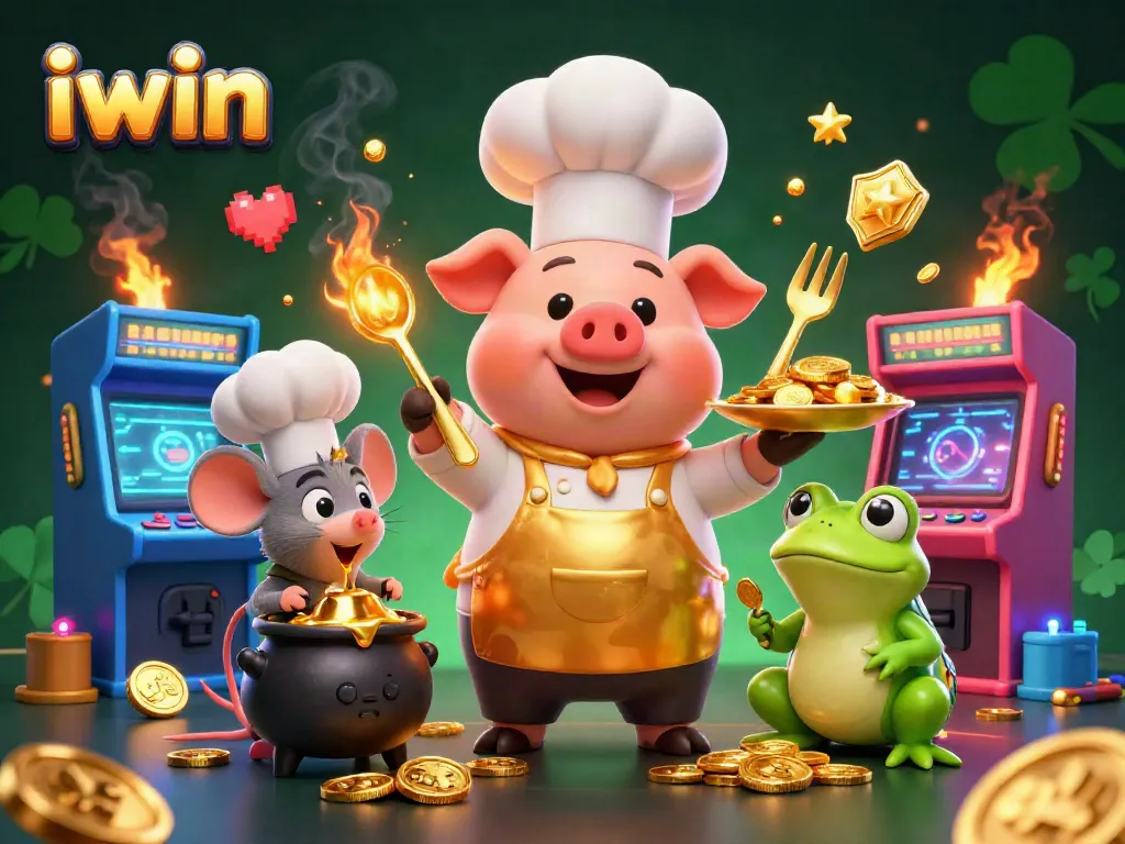 Engage with iwin's winning features through dynamic casino-themed characters enjoying golden rewards.
