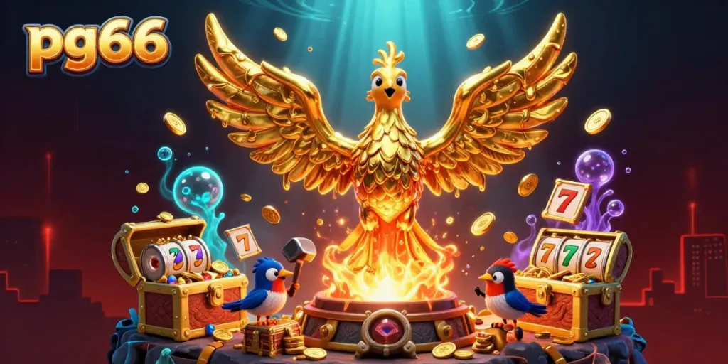 Experience thrilling wins at pg66 with a molten golden phoenix amidst vibrant slot reels and treasure.