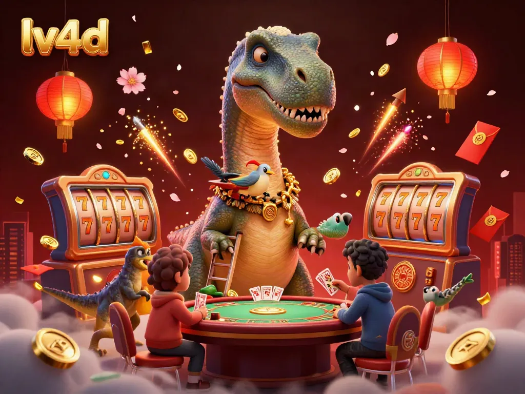 Experience the thrill of lv4d with a towering brontosaurus overseeing a vibrant casino scene filled with cards and festive elements.