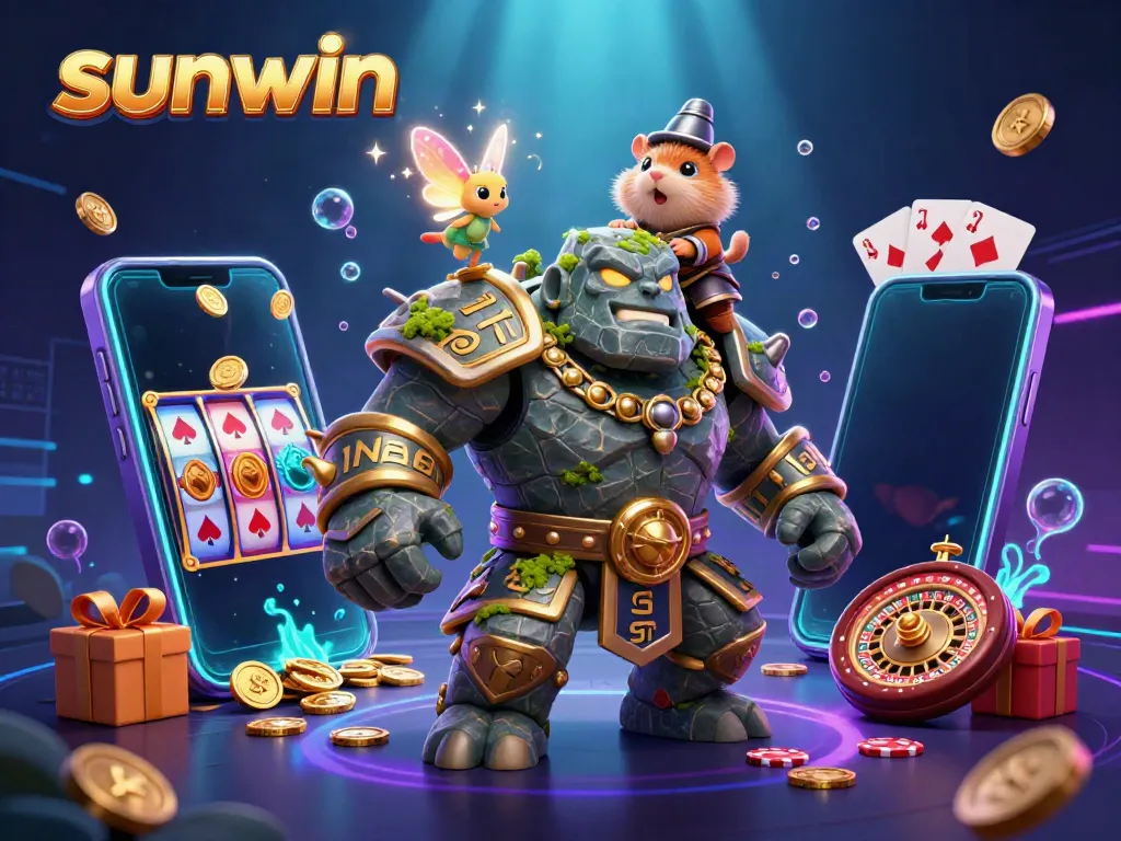 Experience the magic of sunwin with a vivid 3D scene featuring slot games, a golem, a fairy, and a hamster knight!
