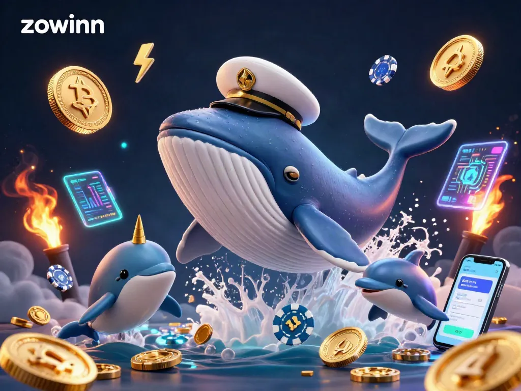 Zowinn offers a vibrant casino experience with a whimsical whale breaching in coins, symbolizing wealth and excitement in the online gambling world.