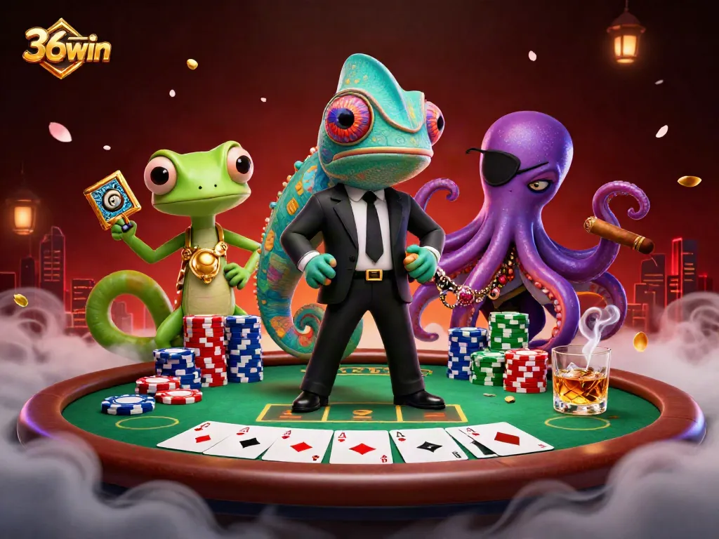 Experience excitement at 36win with a vibrant casino scene featuring unique characters and game elements.