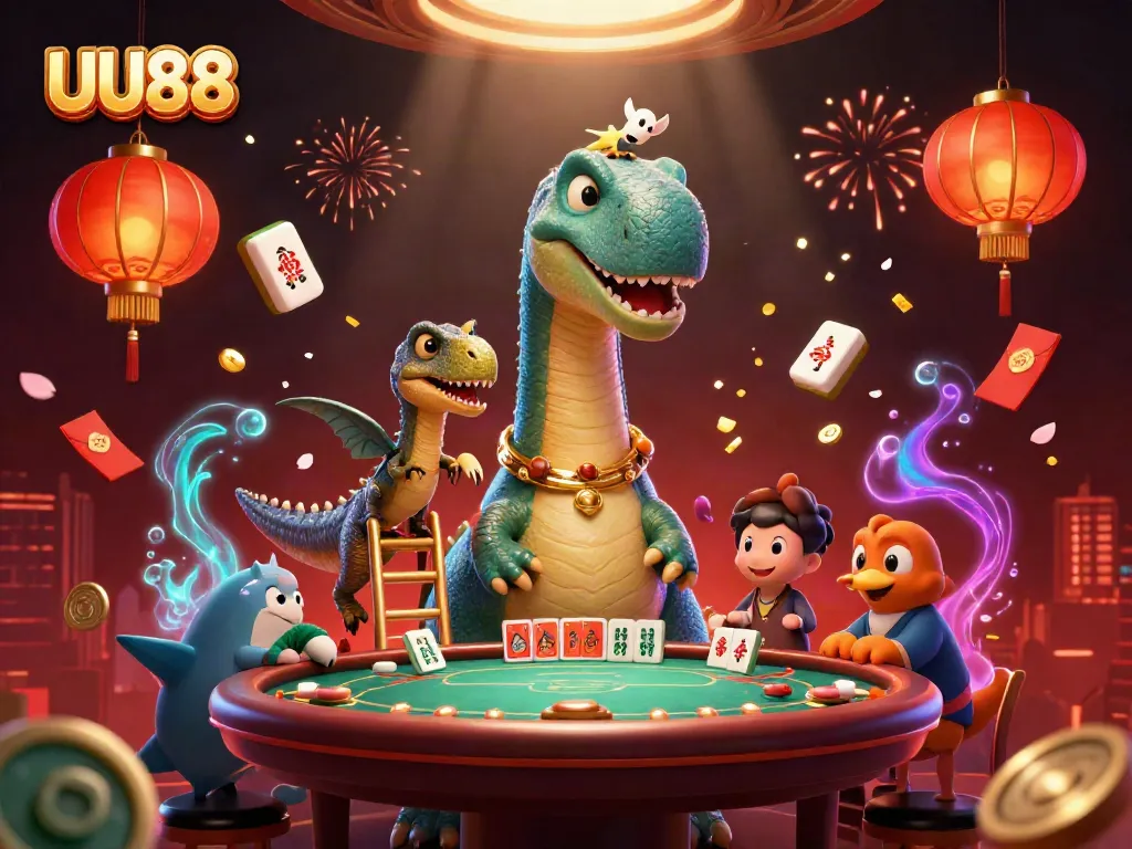 Engage with thrilling gaming elements at UU88 featuring a towering brontosaurus and a clever raptor in a lively casino atmosphere.