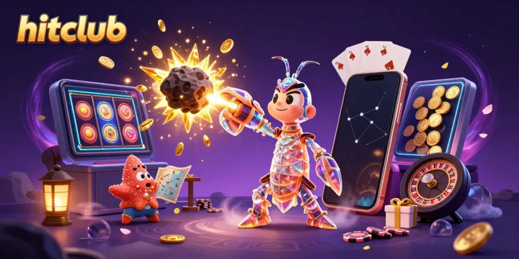 Join hitclub for thrilling casino games, featuring a vibrant 3D cosmic samurai scene with slots and winnings.
