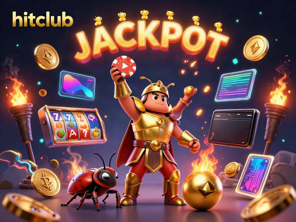 Win big with hitclub as a cartoon beetle triumphantly lifts a poker chip in a vibrant, casino-themed illustration.