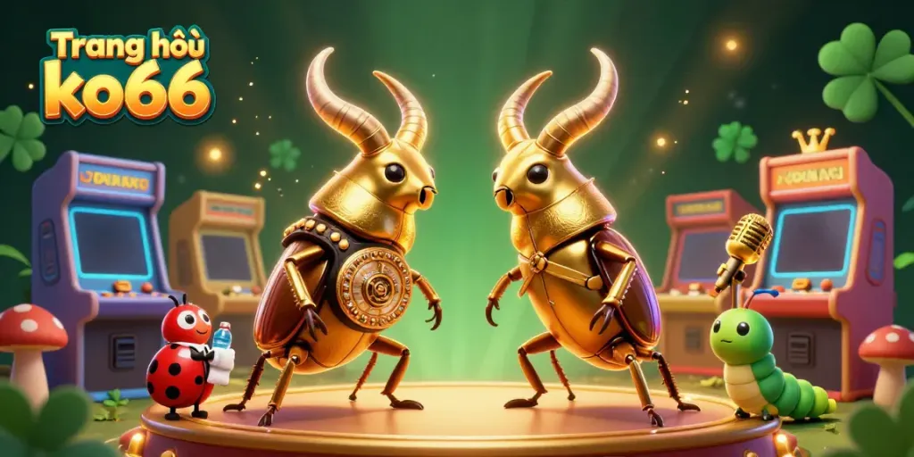 Engage with thrilling games on Trang chủ ko66 featuring a dynamic casino scene with a golden stag beetle and colorful arcade machines.