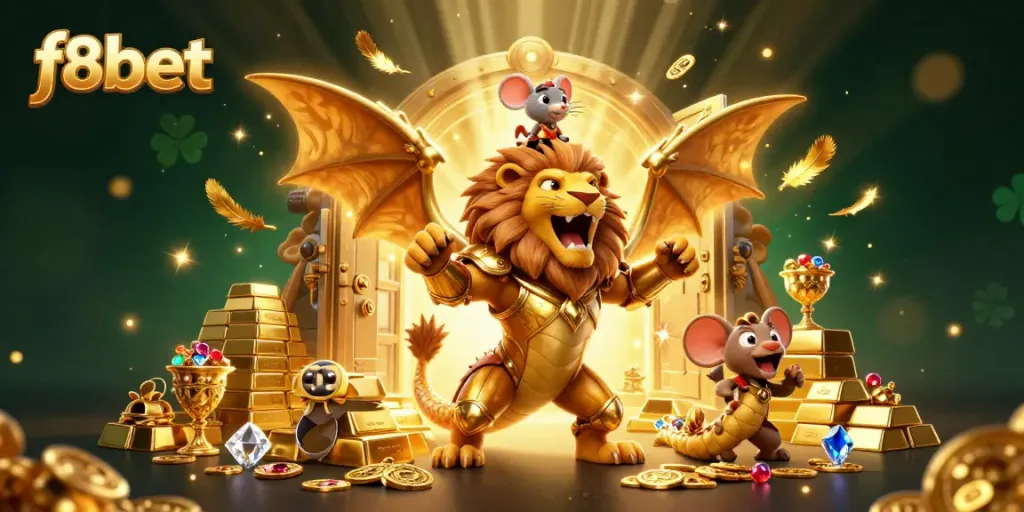 Experience thrilling victories at f8bet with a roaring chimera guarding treasures of gold and gems!