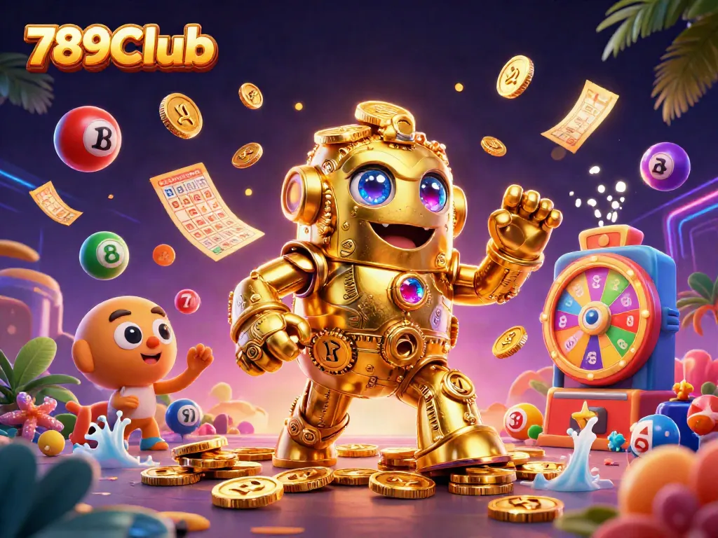Experience the vibrant world of 789Club with a dynamic 3D illustration showcasing casino excitement and winnings.