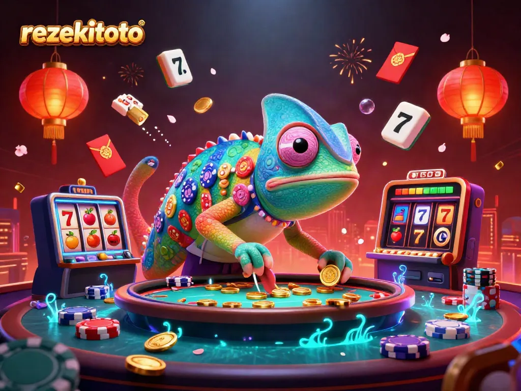 Engage with rezekitoto's vibrant casino experience featuring a chameleon owner collecting coins.
