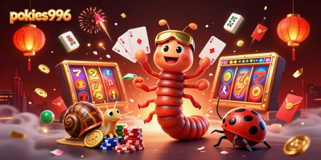 Spin to win with pokies996: A vibrant 3D illustration of fun characters in a lively casino scene.