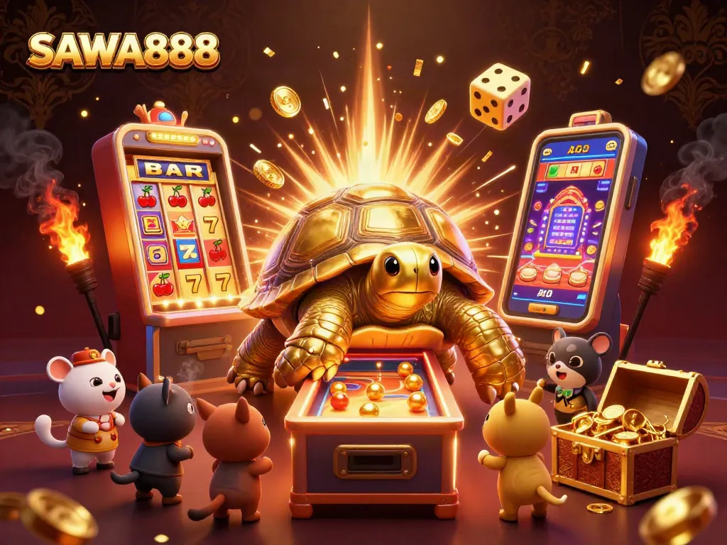 Engage with SAWA888's thrilling slot machine bonanza featuring golden tortoise and lively elements.
