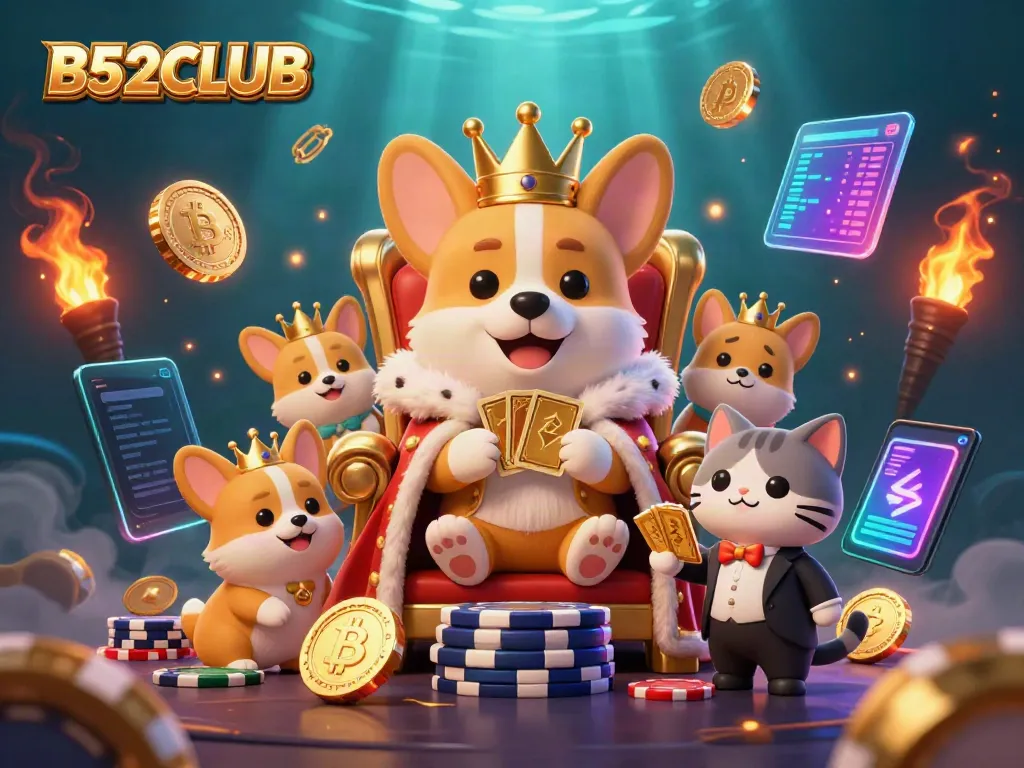 Engaging B52CLUB scene showcasing a royal corgi amidst casino elements and crypto symbols.