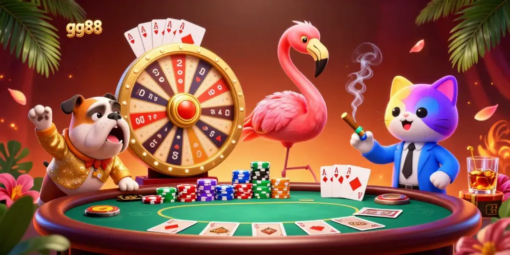 Experience the thrill of gambling with gg88 in an exciting casino scene featuring vibrant characters and dynamic elements.