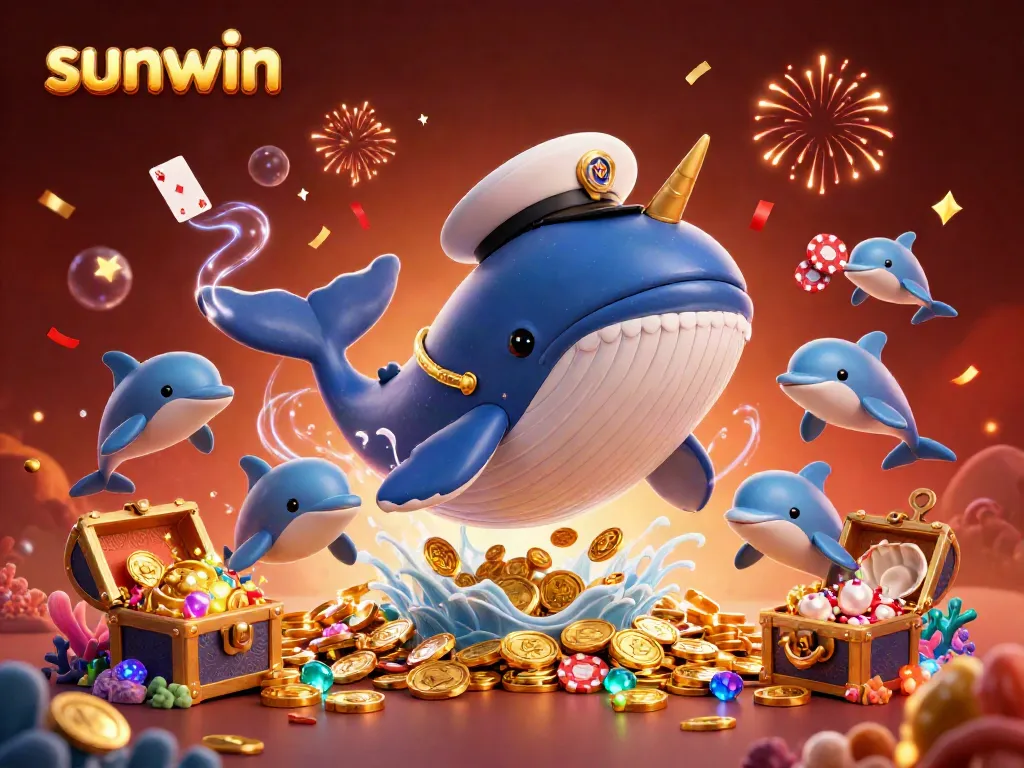 Experience the thrill of sunwin's vibrant casino scene with playful dolphins and a breaching whale.