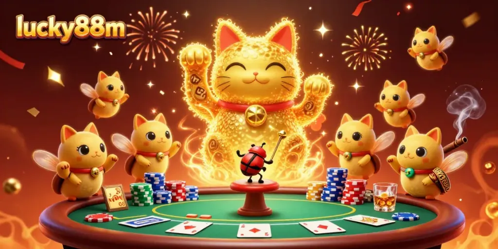 Engage with lucky88m's vibrant 3D casino illustration featuring a lucky cat and gaming elements.