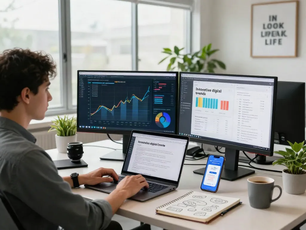 Illustration of a modern workspace showcasing the latest in business technology, featuring insights on istana 404 for digital innovations.