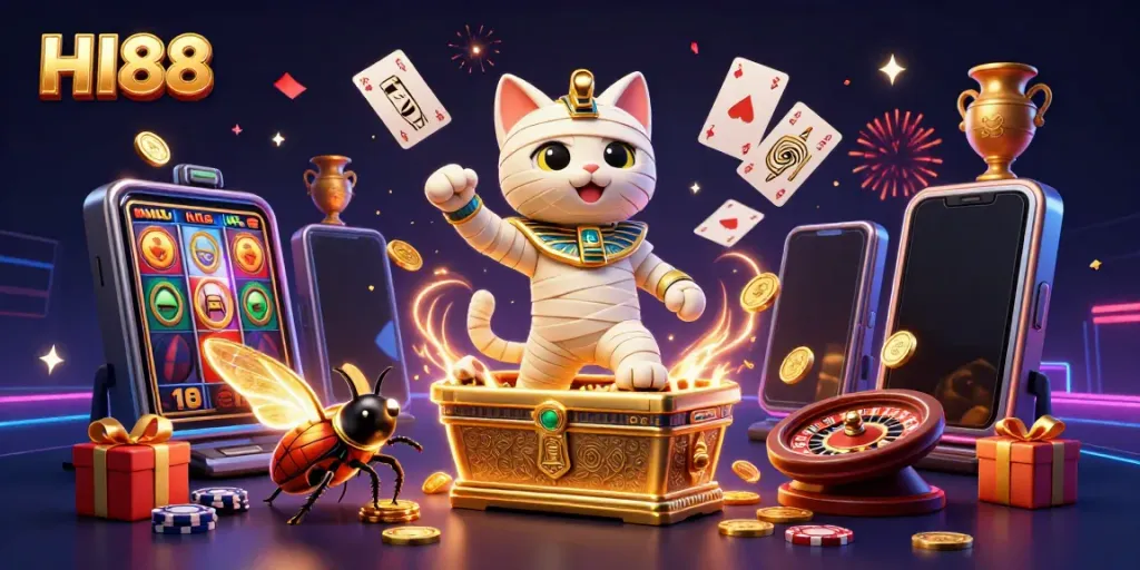 Experience the excitement of HI88 with our vibrant casino illustration featuring slots and a mummy cat!