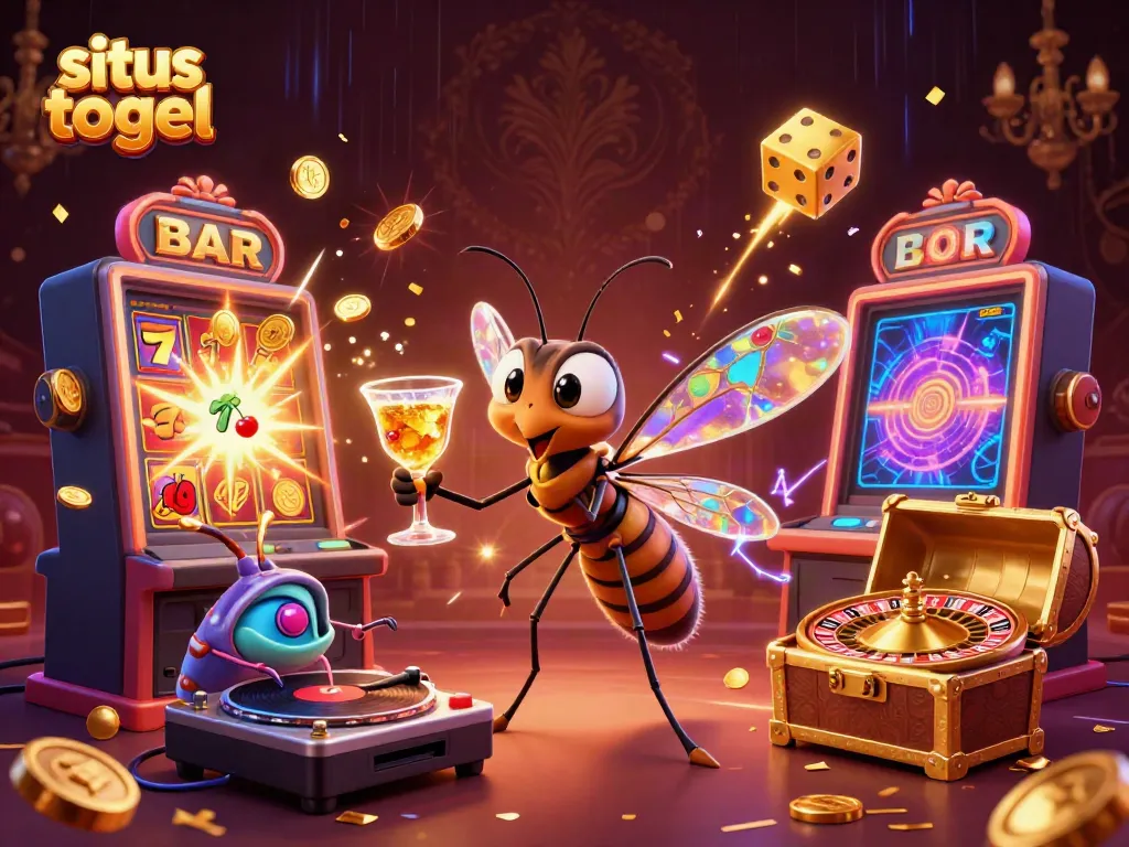 Engage in situs togel excitement with a lively casino scene featuring unique characters and vibrant game elements.